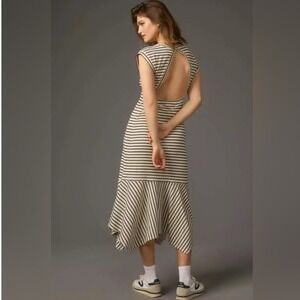 Anthropologie NWT Daily Practice Striped Open Back Midi Dress White Black Size L